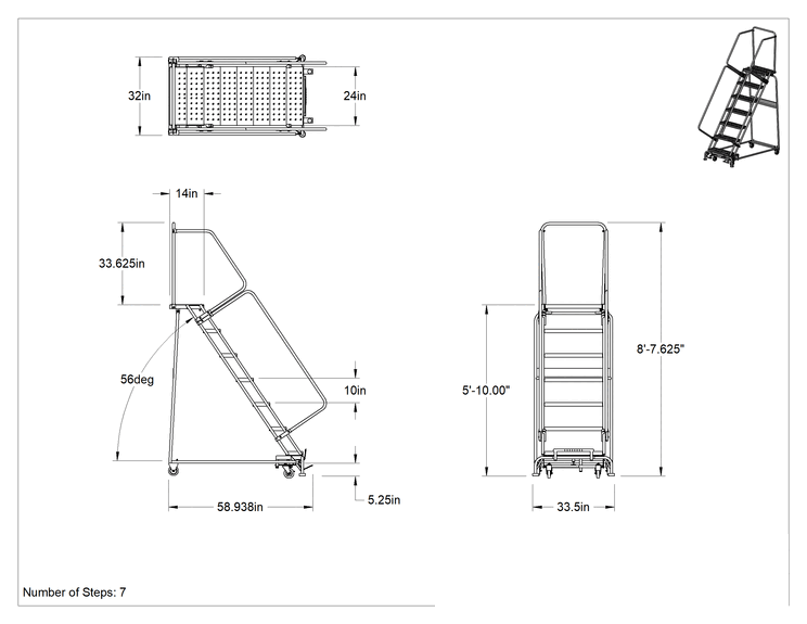 Teknik Çizim - Yuvarlanan Delikli Platform Merdiveni, Montajlanmamış, 7 Adım, 5'10" Yükseklik x 14" Derinlikte Platform
