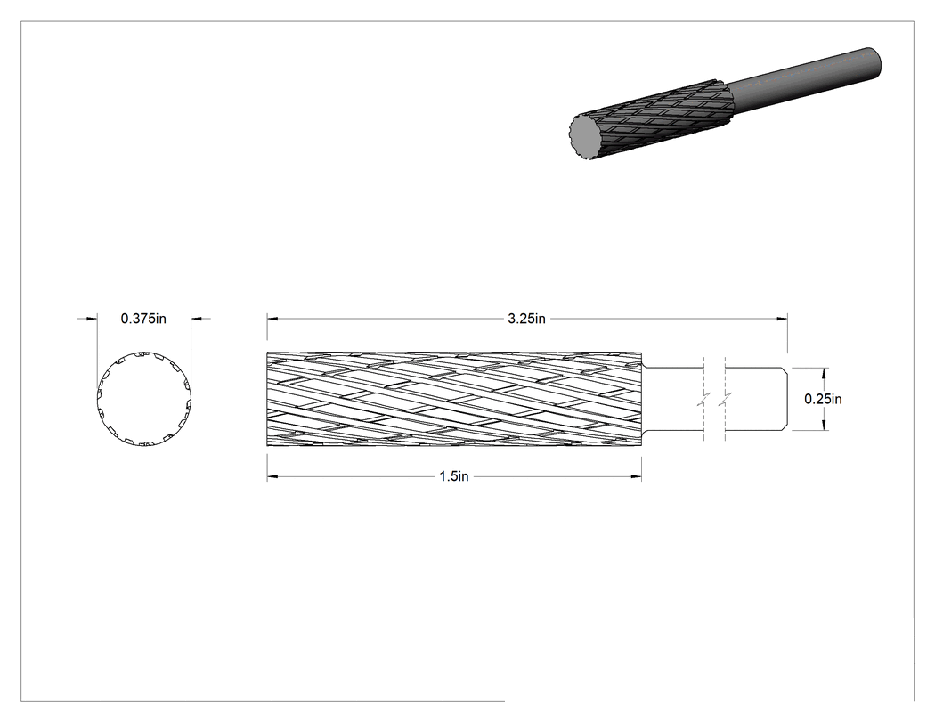 Teknik Çizim - 1/4" Çaplı Şaftlı Karbür Freze Ucu, Düz Silindir, Anma Numarası SA-3x, Çift Kesimli Diş
