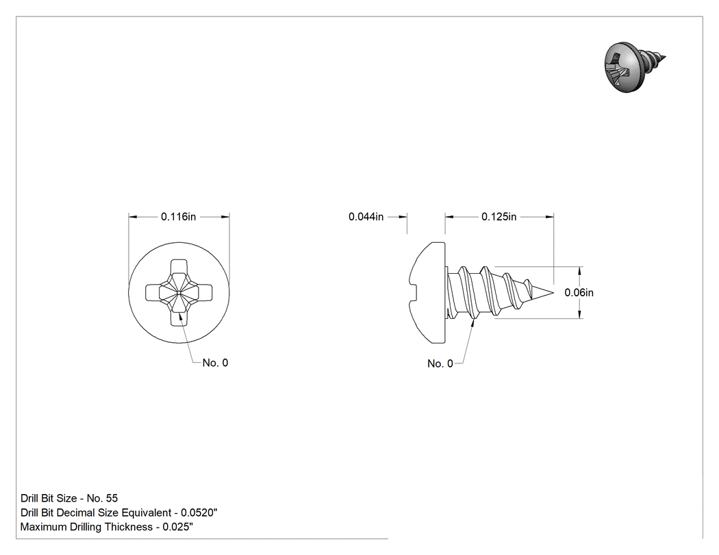 Teknik Çizim - Sac Metal için Phillips Yuvarlak Başlı Vidalar, 18-8 Paslanmaz Çelik, 0 Numaralı Boyut, 1/8" Uzunluk
