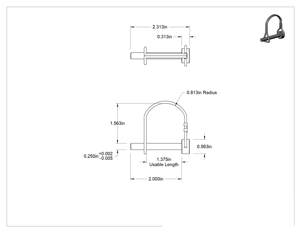 Teknik Çizim - Tel Tutuculu Çatal Pimi, 1004-1045 Çelik, Yuvarlak ve Halkalı, 1/4" Çap, 2-5/16" Uzunluk