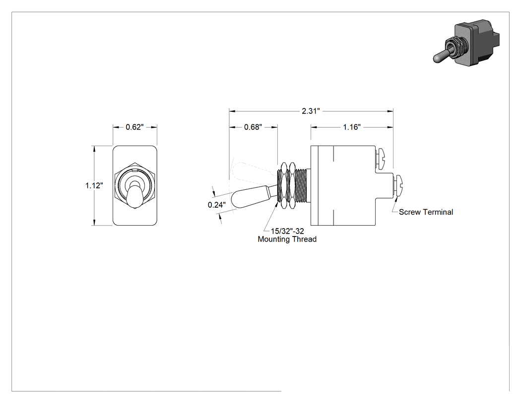 Teknik Çizim - Islak Ortam Toggle Anahtarı, Mil. Spec., 2 Konum, Kalıcı Konumlu, 2 Terminal