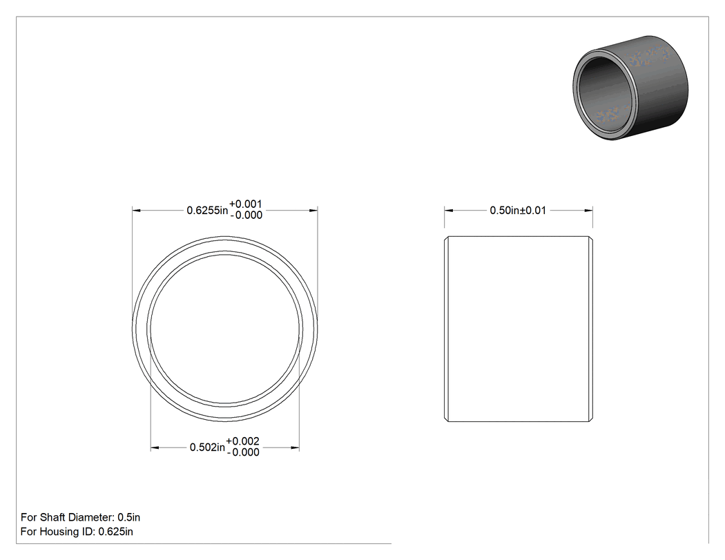 Teknik Çizim - Fiberglas Destekli Kuru Çalışan Burçlu Yatak, PTFE, 1/2" Mil Çapı ve 5/8" Muhafaza İç Çapı için, 1/2" Uzunluk