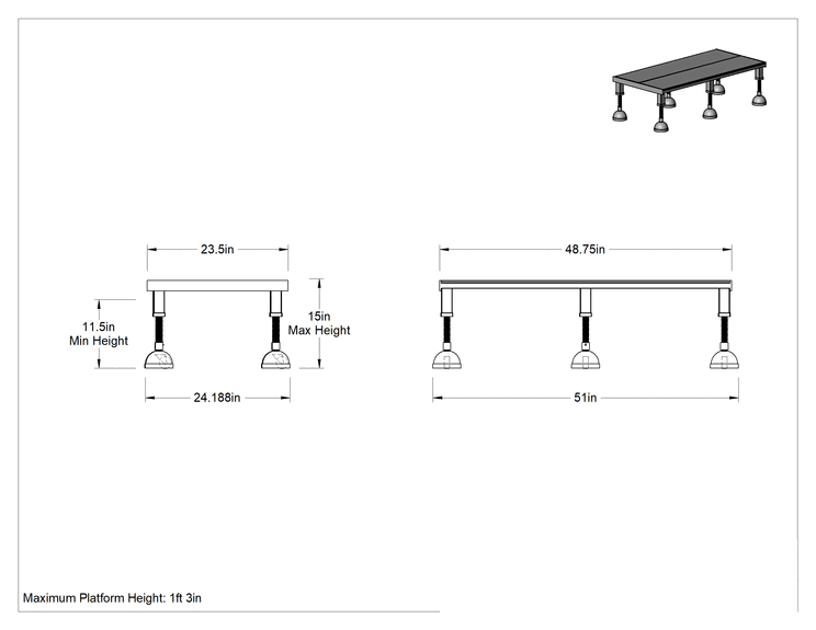 Teknik Çizim - Yuvarlanan Çalışma Platformu, Sarı Toz Boyalı Çelik, 11.5 inç ila 15 inç Yükseklik x 51 inç Toplam Genişlik