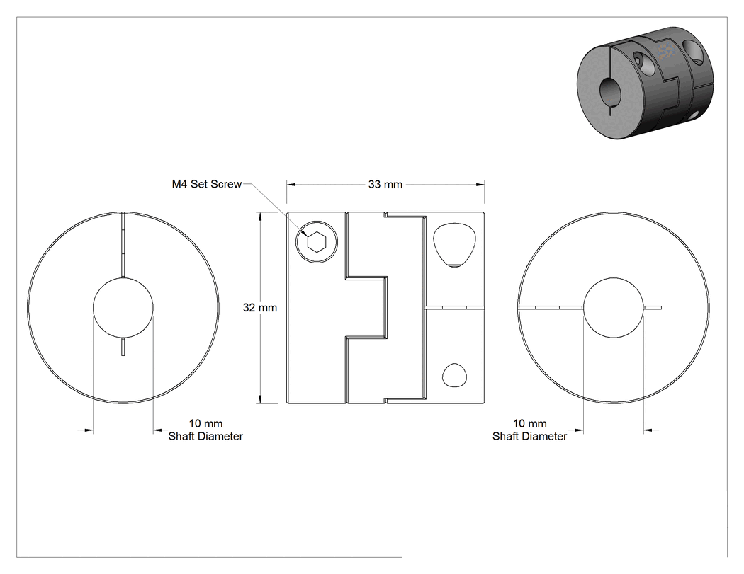 Teknik Çizim - Temizlenmiş ve Torbalı Esnek Mil Kaplini, Alüminyum, PEEK Merkez, 10 mm x 10 mm Mil Çapı, 33 mm Toplam Uzunluk