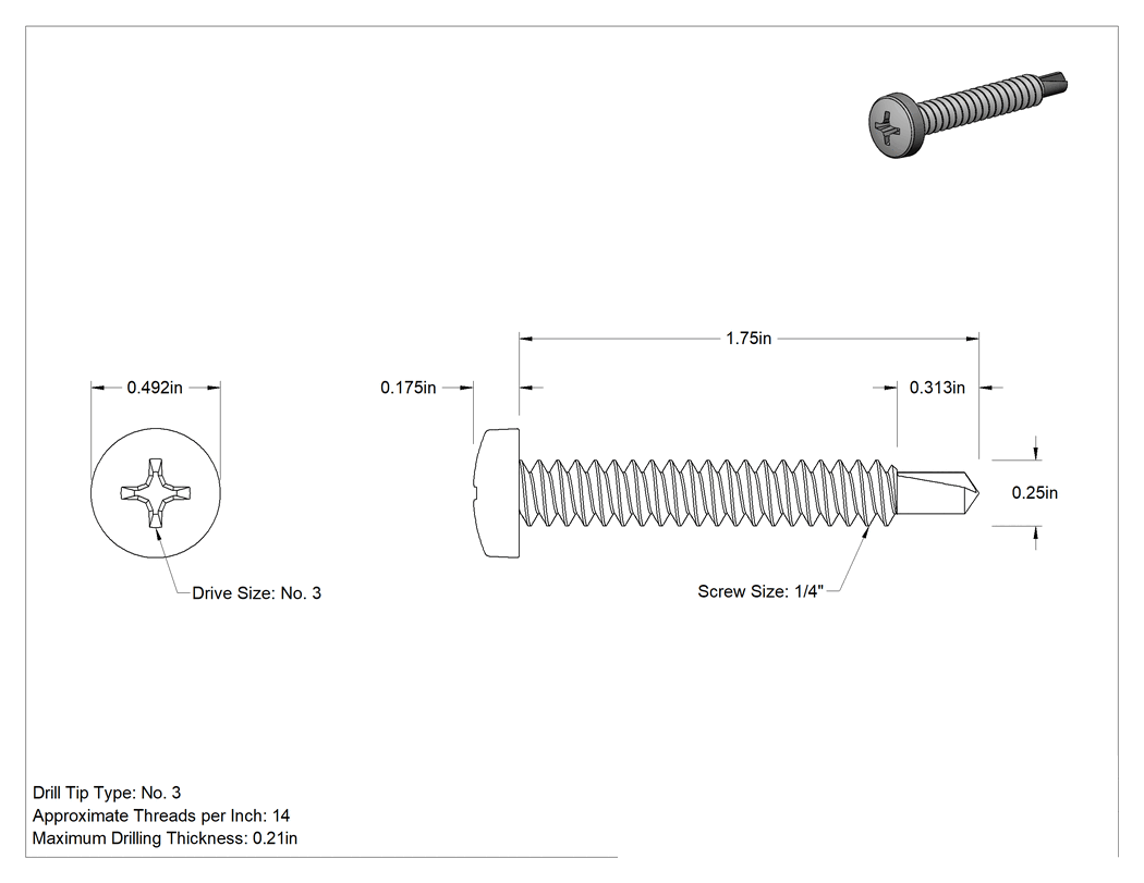 Teknik Çizim - Metal için Phillips Yuvarlak Başlı Delme Vidaları, Yüksek Mukavemetli, 410 Paslanmaz Çelik, 1/4" Boyut, 1-3/4" Uzunluk
