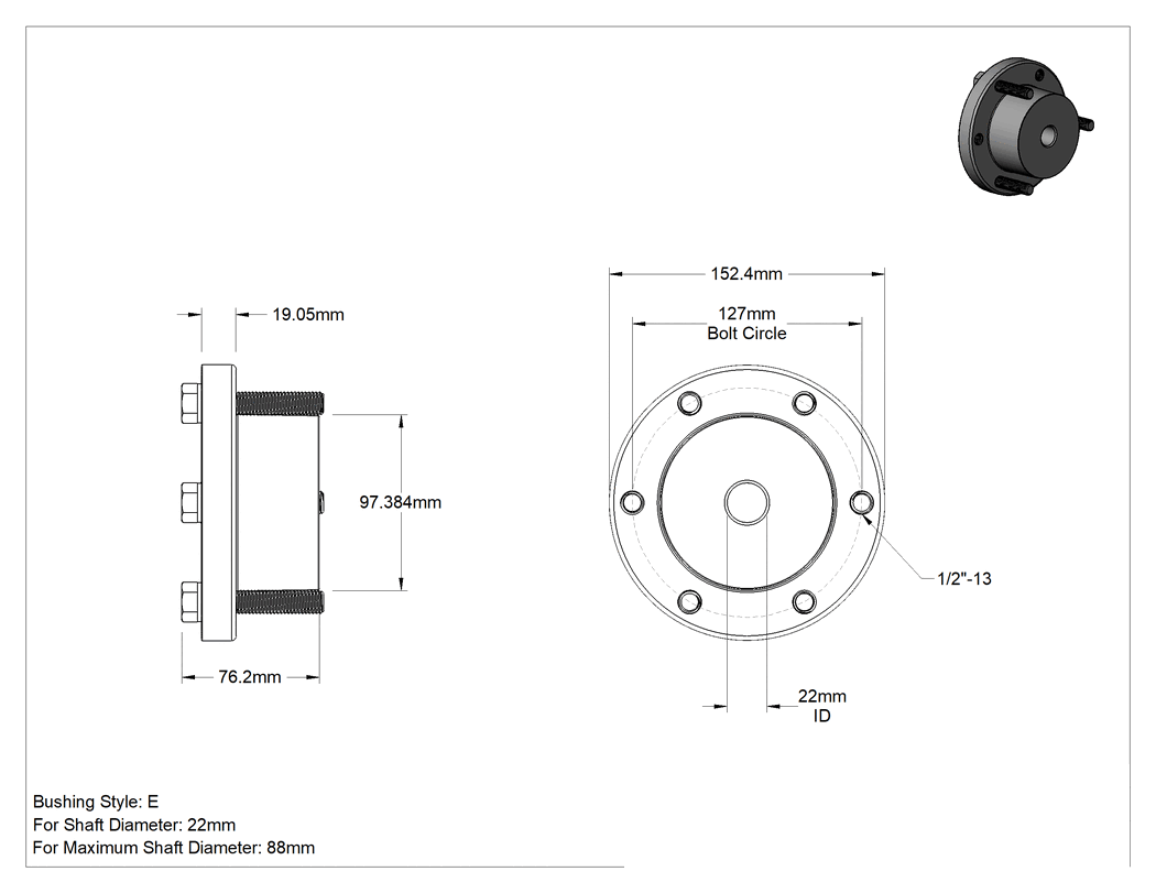 Teknik Çizim - Hızlı Bağlantı Burcu, İşlenebilir, E Stili, 22 mm Mil Çapı için