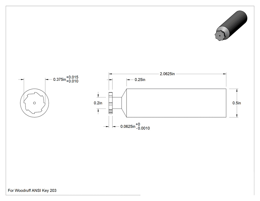 Teknik Çizim - Karbür Anahtar Yuvası Parmak Freze, 3/8" Freze Çapı x 1/16" Kalınlık, ANSI Anahtar Numarası 203