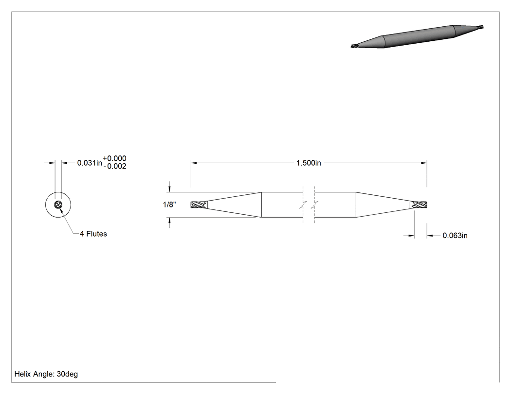 Teknik Çizim - İki Freze Uçlu Karbür Kare Uçlu Freze, TiAlN Kaplamalı, 4 Kanallı, 1/32" Freze Çapı, 1-1/2" Toplam Uzunluk