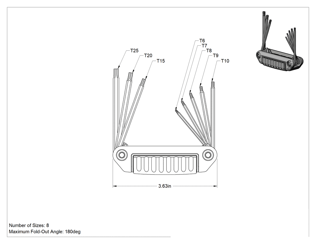 Teknik Çizim - Ultra Kavramalı Katlanabilir Torx L-Anahtar Seti, 8 Boyut, 3-5/8" Uzunluk Yeşil Plastik Tutamak