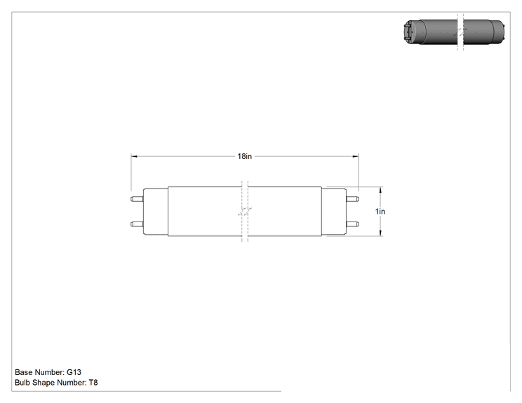 Teknik Çizim - Çift Pimli Tüp Ampuller, T8, 18" Toplam Uzunluk, 3000K, 1000 lümen