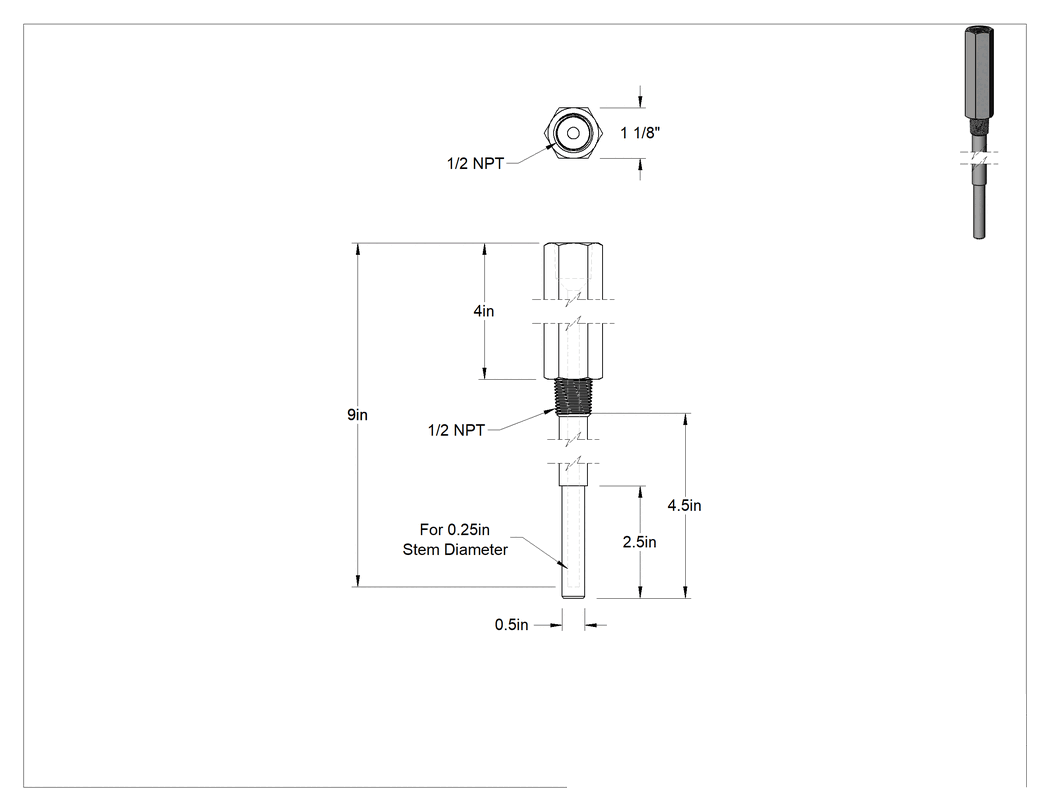 Teknik Çizim - Termovell, Yalıtımlı Tank için, 316 Paslanmaz Çelik, 9 inç Gövde, 1/2NPT