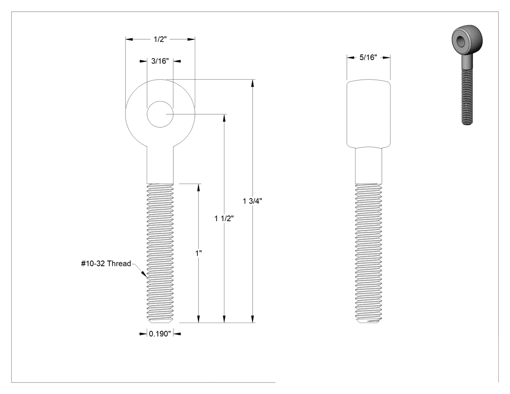 Teknik Çizim - Tam Gijon Ucu Cıvatası, Sağ Yönlü 10-32 Şaft, 1-1/2" Şaft Merkez Uzunluğu