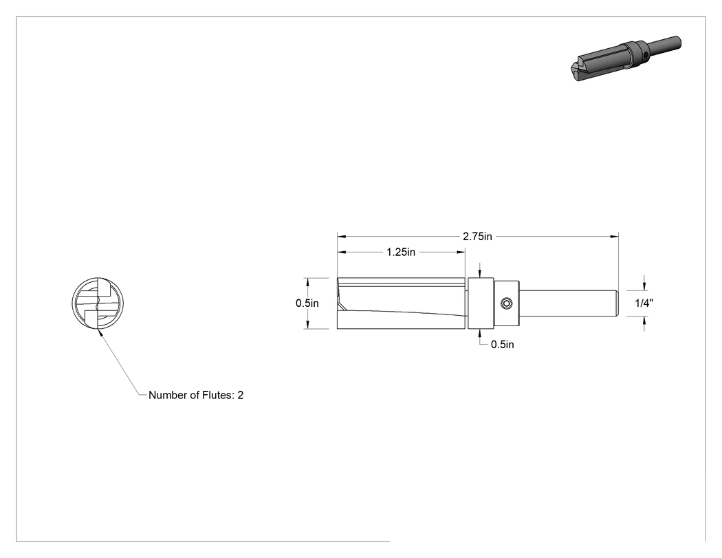 Teknik Çizim - Kenar Kesme Freze Ucu, Üst Pilot, 1/2" Kesim Çapı, 1-1/4" Kesim Uzunluğu, 1/4" Şaft Çapı