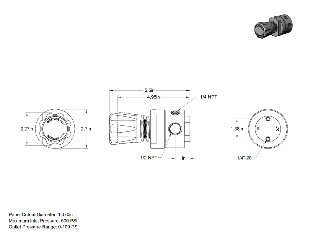 Teknik Çizim - Temizlenmiş ve Torbalı Basınç Düzenleme Valfi, Panele Monte, 316 Paslanmaz Çelik Diyafram, 1/2 NPT, 0-100 PSI