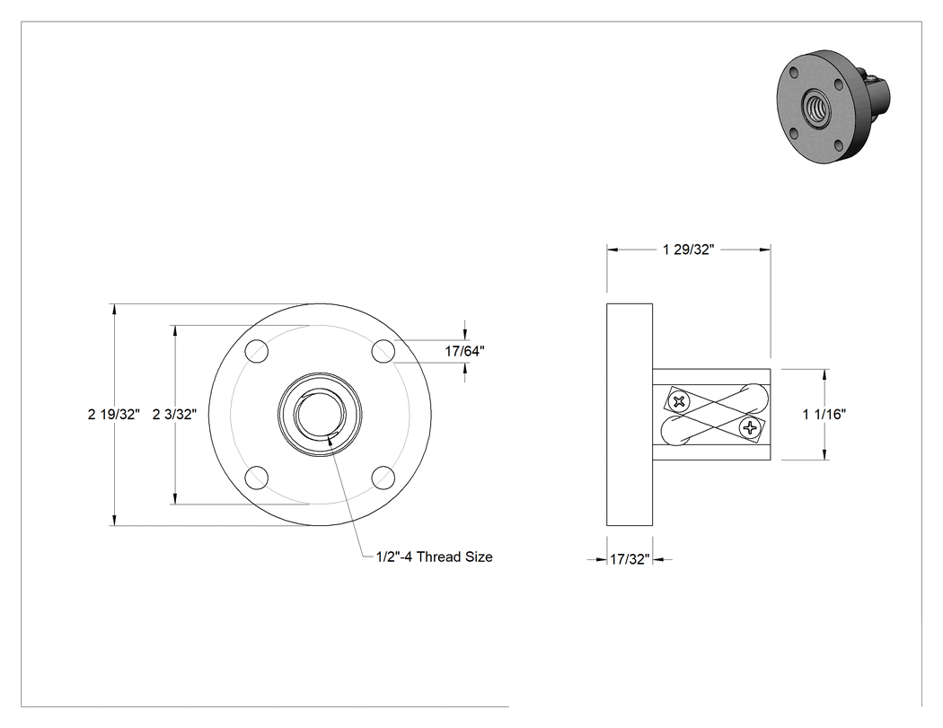 Teknik Çizim - Hızlı Hareketli Flanşlı Bilyalı Somun, Paslanma ve Aşınmaya Dayanıklı Top Vidası için 1/2"-4 Diş