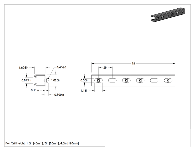 Teknik Çizim - T-Yivli Çerçeveleme için Strut Kanalı, Alüminyum, 1-1/2" ve 40 mm Yüksekliğinde Tek Ray için, 1 Fit Uzunluğunda