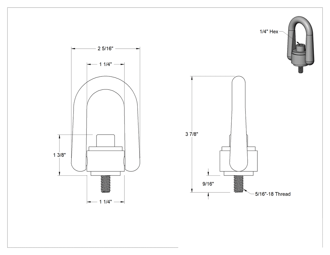 Teknik Çizim - Kaldırma için Nikel Kaplı Çelik Kaldırma Halkası, 5/16"-18 Diş Boyutu, 9/16" Diş Uzunluğu, 3-7/8" Toplam Yükseklik