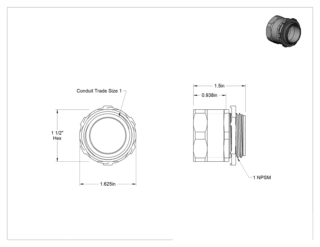 Teknik Çizim - Esnek Metal Kanal için Adaptör, Çelik, Düz, 1 Boyut Vidalı Dişi x 1 NPSM Erkek