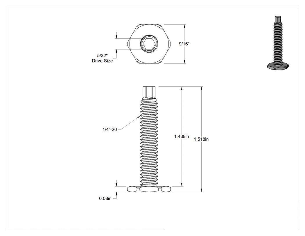 Teknik Çizim - Çinko Kaplı Çelik Saplamalı Sert Tesviye Bağlantı Elemanları, Kolay Ayar, Çinko Kaplı Çelik Taban, 1/4"-20 Diş Boyutu