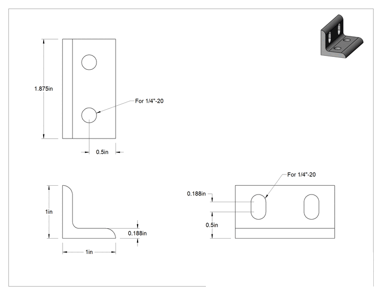 Teknik Çizim - T-Yivli Çerçeve, 1" Yüksekliğinde Ray için Gümüş Uzatılmış Oluklu Braket, 1" Uzunluk