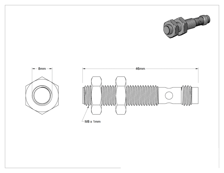 Teknik Çizim - DC Manyetik Nesne Yakınlık Anahtarı, 3 Kutuplu Nano M8 Fişli, 1 Kapalı (NO), 8 mm Çap