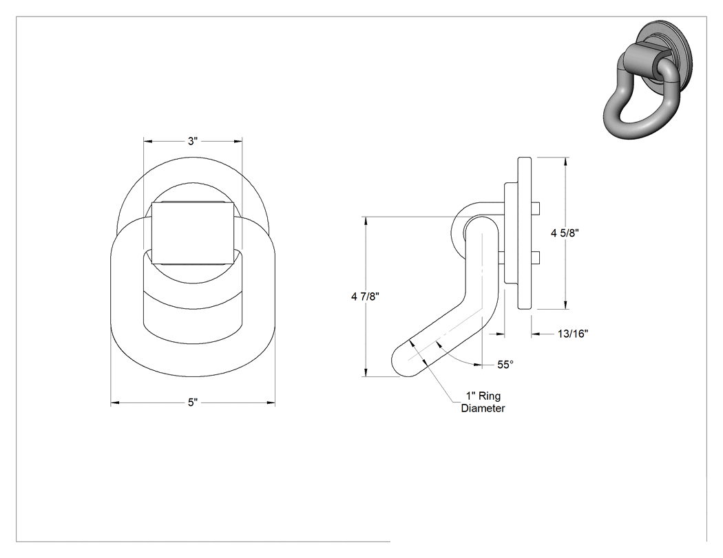 Teknik Çizim - Döner Kaynaklı Bağlama Halkası, 3" İç Genişlik x 4-7/8" Yükseklik x 1" Kalınlık Açılı D-Halkası