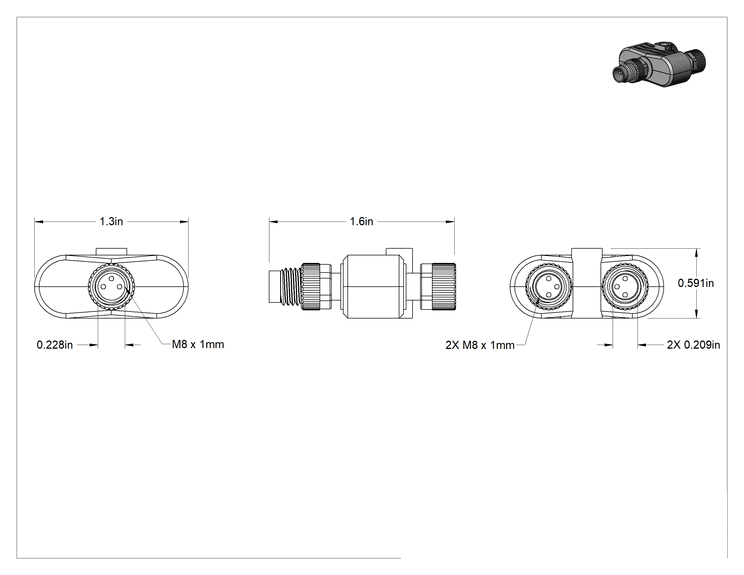 Teknik Çizim - Nano M8 Ayırıcı, 3 Kutuplu M8 x 1 mm Fiş, 3 Kutuplu M8 x 1 mm Soketler