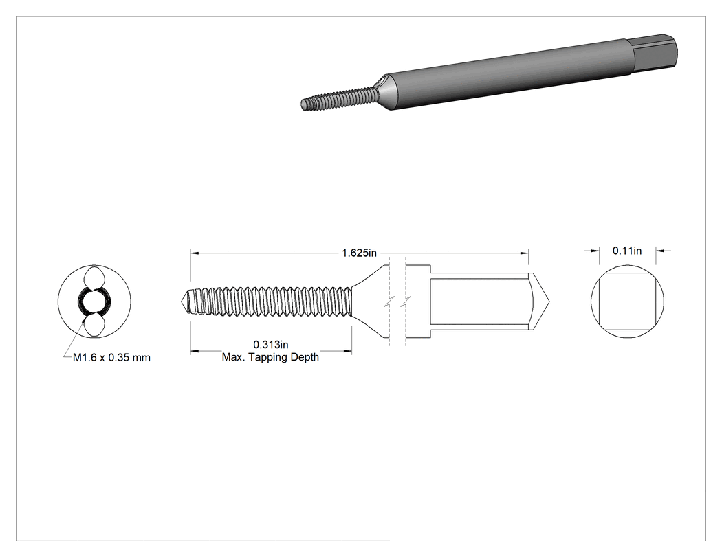 Teknik Çizim - Delikler için Yüksek Hızlı Çelik Talaş Temizleme Kılavuzu, Kaplamasız, M1.6 x 0.35 mm Diş Boyutu, 5/16" Diş Uzunluğu