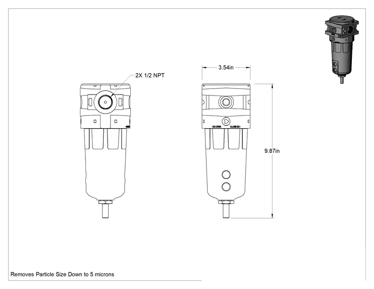 Teknik Çizim - Parker P3y Hava Filtresi, Otomatik, 3/4 NPT Dişi