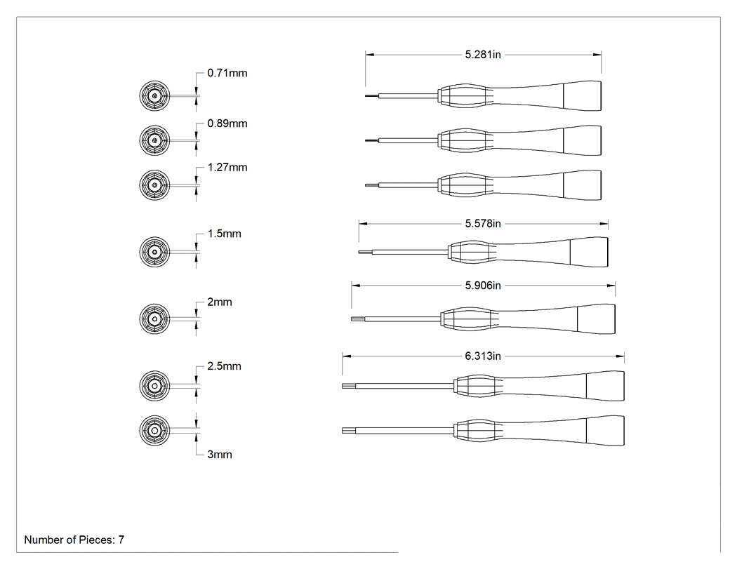 Teknik Çizim - Statik Kontrol Hassas Kontrol Tornavida, 7 Parça Set, Metrik Altıgen