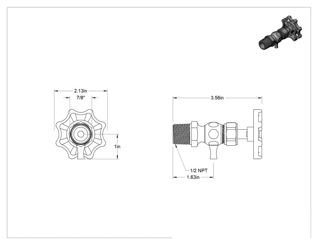 Teknik Çizim - Yüksek Sıcaklık Drenaj Valfi, Alüminyum Tutamaklı, Pirinç Conta, 1/2 NPT Erkek Giriş