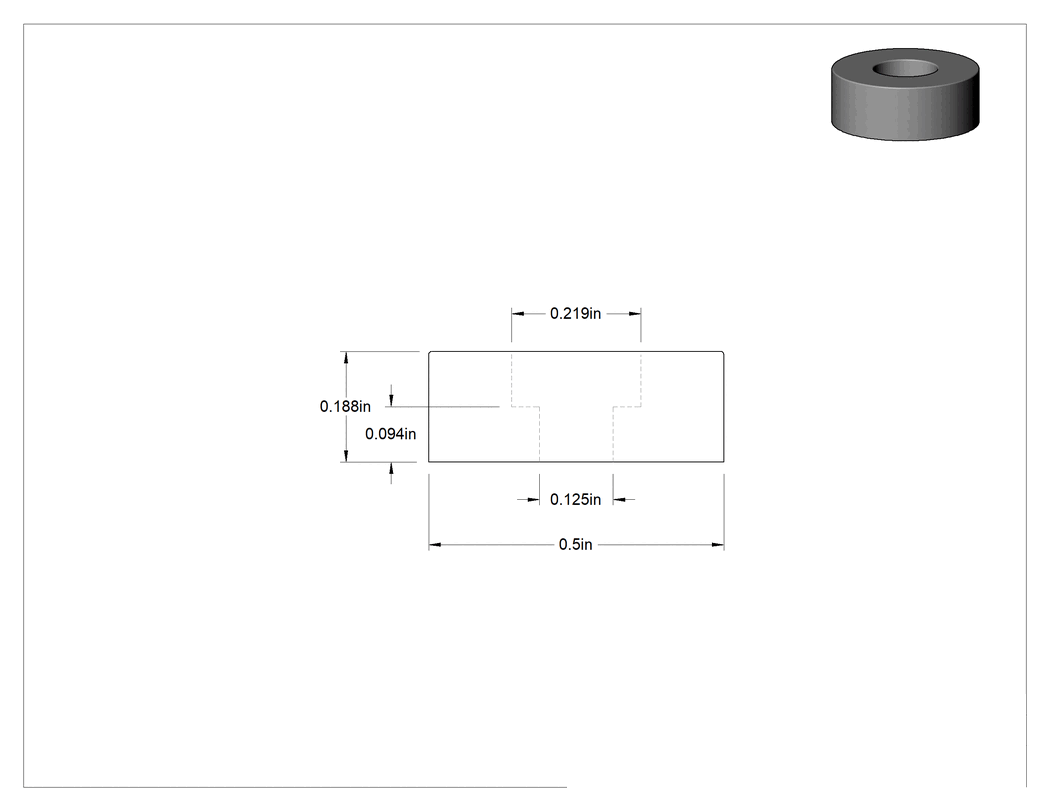Teknik Çizim - Güçlendirilmiş SBR Kauçuk Dişsiz Delikli Tampon, 1/2" Dış Çap, 3/16" Yükseklik, Durometre 40A, Yuvarlak