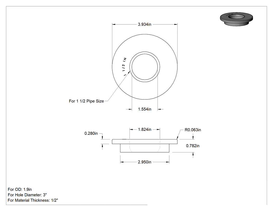 Teknik Çizim - 3" Delik Çapı ve 1.9" Dış Çap için Boru ve Tüp Geçidi