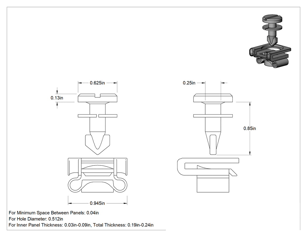 Teknik Çizim - Asetal Çeyrek Dönüşlü Sabit Panel Vidası, Klipsli Somunlu, Yuvarlatılmış, 0.19"-0.24" Toplam Kalınlık