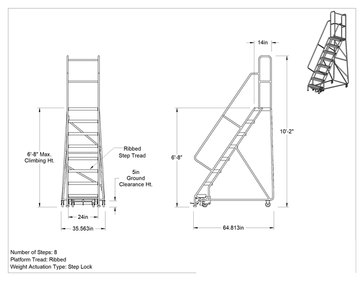 Teknik Çizim - Hafif Alüminyum Tekerlekli Platform Merdiveni, Yivli Basamaklar, 10'2" Yükseklik x 36" Genişlik x 65" Derinlik Toplam