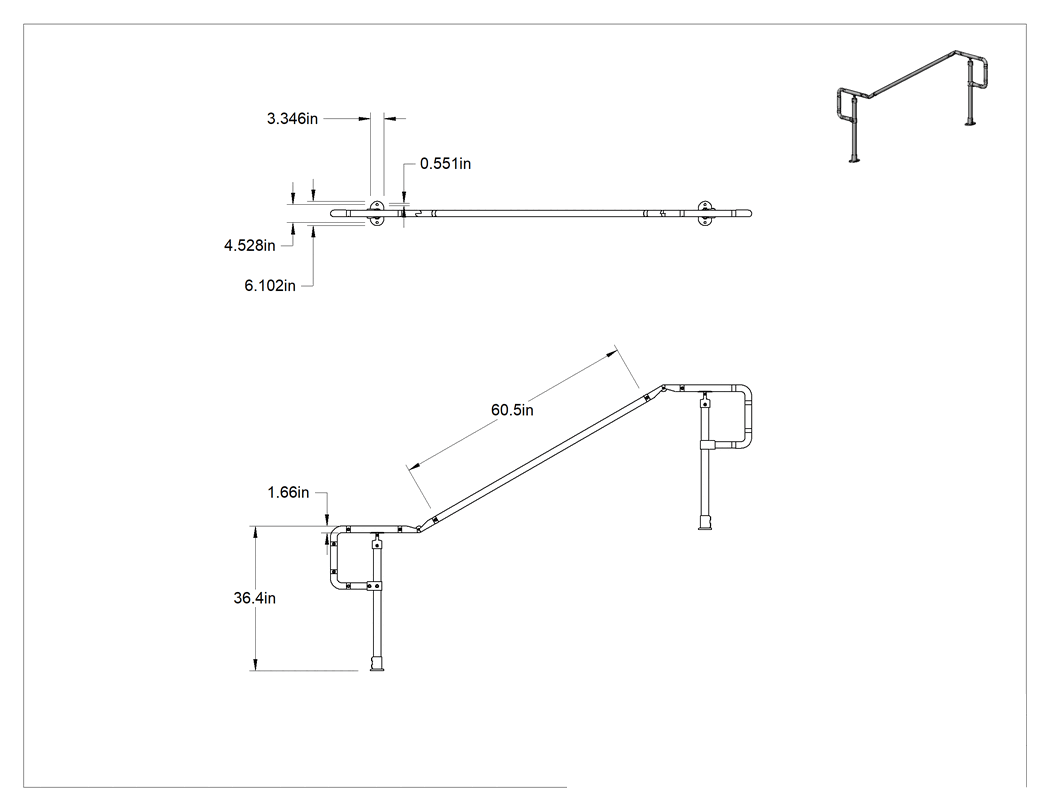 Teknik Çizim - ADA Uyumlu Korkuluk, Sıralı Raylı, Zemine Monte, 5 Fit 1/2" Uzunluk