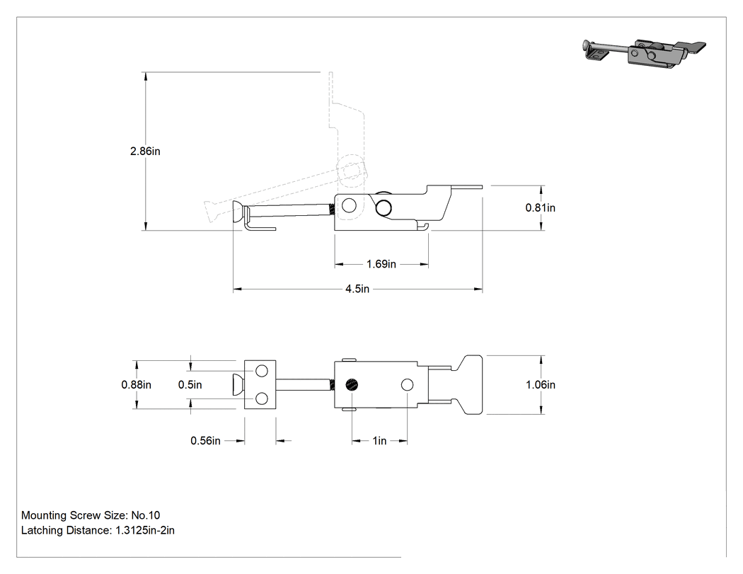 Teknik Çizim - Ayarlanabilir Tutamaklı Çekme Mandalı, 304 Paslanmaz Çelik, 4-1/2" Uzunluk x 1-1/16" Genişlik