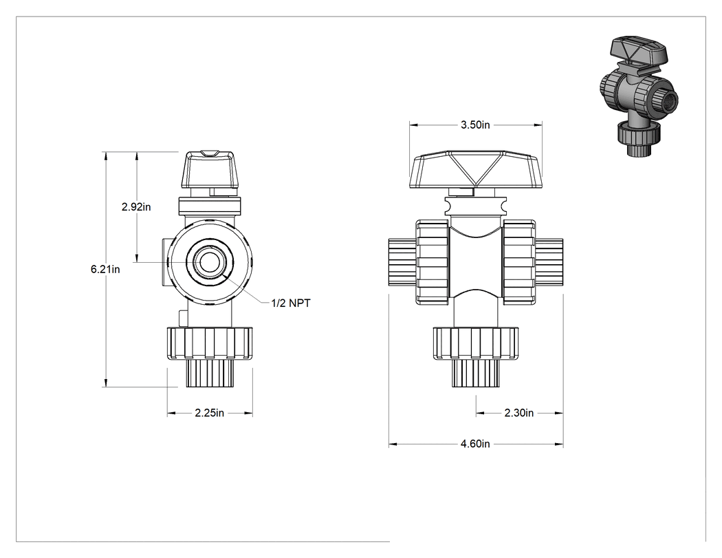 Teknik Çizim - Kolay Kurulumlu Dişli Yönlendirme Vanası, Kimyasallar için, L-Desenli Akış, CPVC, 1/2 NPT Dişi