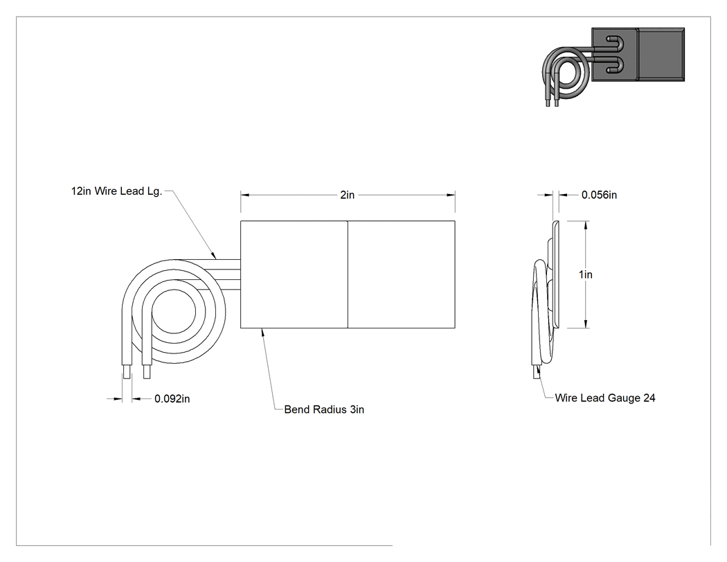 Teknik Çizim - Isı Levhası, Yapıştırıcıya Hazır, 5 W/inç kare, 1" Uzunluk x 2" Toplam Genişlik, 12V DC