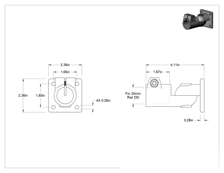 Teknik Çizim - Ağır Hizmet Tipi Kelepçeli Çerçeve, 30 mm Dış Çaplı Ray için Alüminyum Ray Ucu