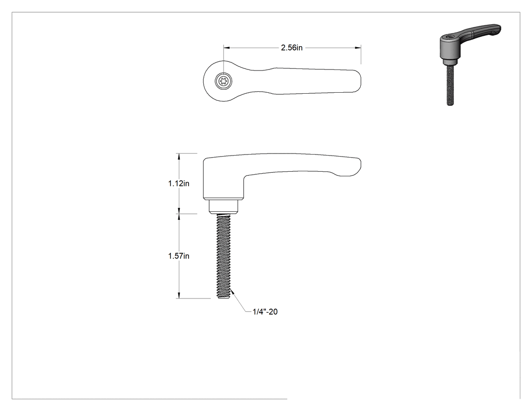Teknik Çizim - Düşük Profilli Ayarlanabilir Tutamak, 1/4"-20 Dişli 1-9/16" Uzunlukta Saplamalı, Siyah Çinko
