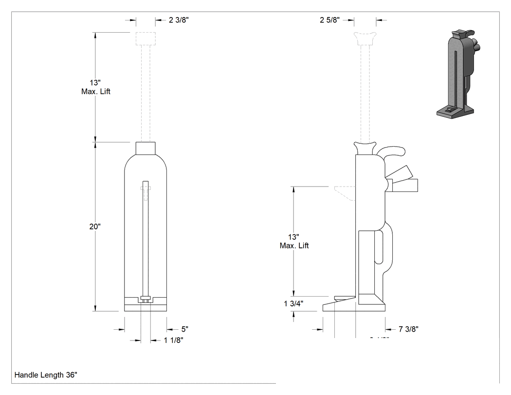 Teknik Çizim - İki Yükseklikte Cırcırlı Kriko, Demir, 5 Ton/10000 lbs. Kapasite, 13" Maksimum Kaldırma Yüksekliği