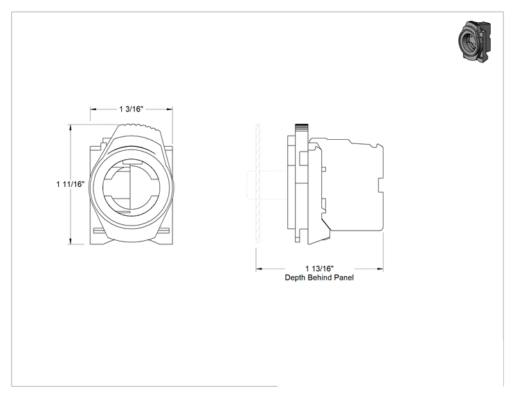 Teknik Çizim - Mandallı Kontak Bloğu, SPST-NO, Kolu ve Anahtarı Metal 22 mm Panel Montajlı Anahtar için