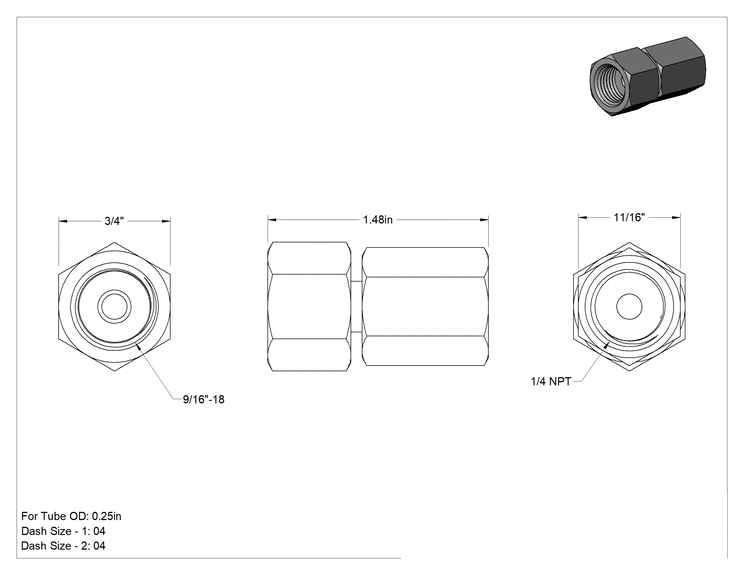 Teknik Çizim - O-Ring Yüz Contalı Bağlantı Parçası, 1/4" Boru Dış Çapı x 1/4 NPTF için Dişli Adaptör