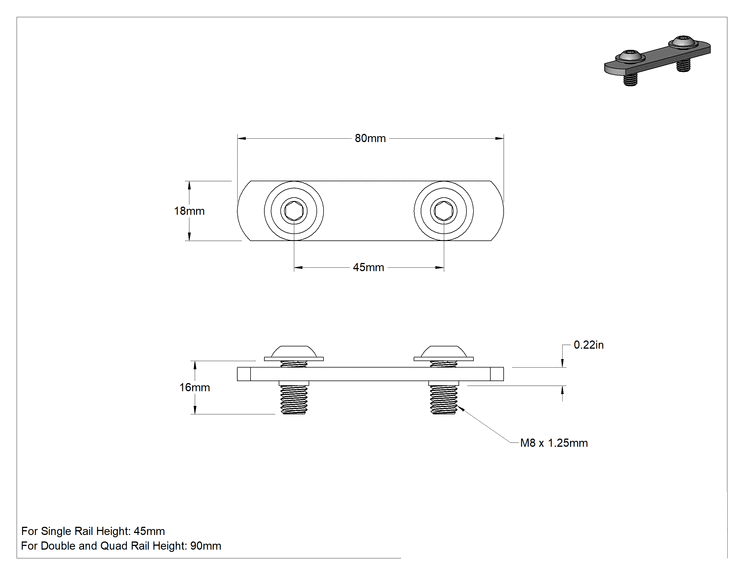 Teknik Çizim - T-Yivli Çerçeve, Uç Beslemeli Çift Somun ve M8 Flanşlı Düğme Başlı, 45 mm Ray