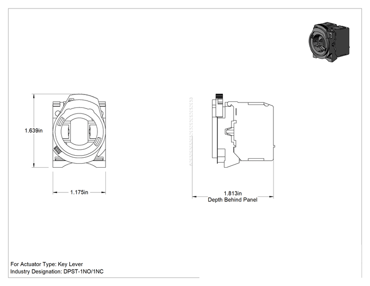 Teknik Çizim - Kontak Bloğu, DPST-1NO/1NC, Kolu ve Anahtarı Metal 22 mm Panel Montajlı Anahtar için