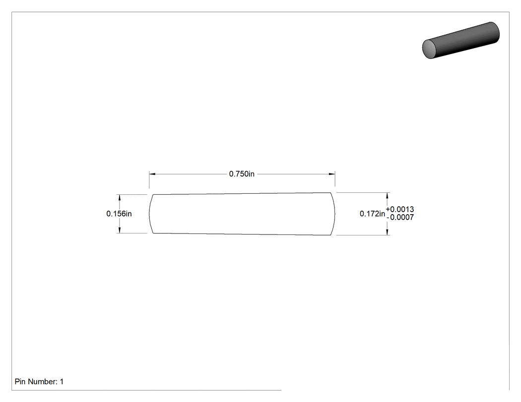 Teknik Çizim - 12L14 Karbon Çelik Konik Pim, 1 Numaralı Pim, 0.172" Genişliğinde Uç Çapı, 3/4" Uzunluk