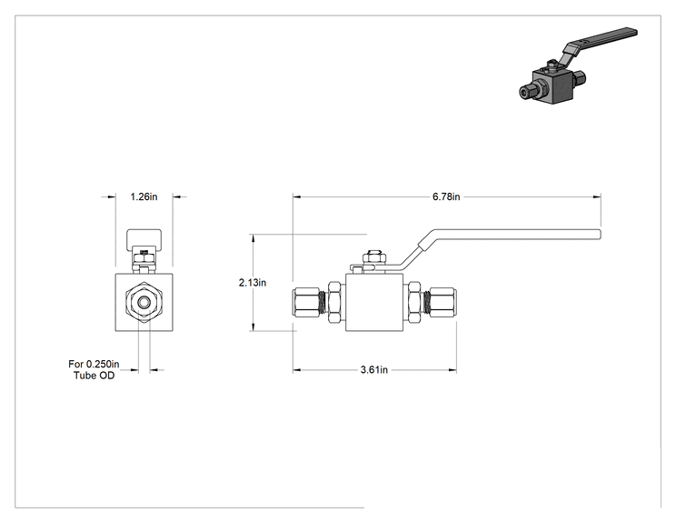 Teknik Çizim - Yor-Lok Bağlantı Elemanlı Yüksek Basınçlı Açma/Kapama Vanası, Kol Kollu, 1/4" Boru Dış Çapı için