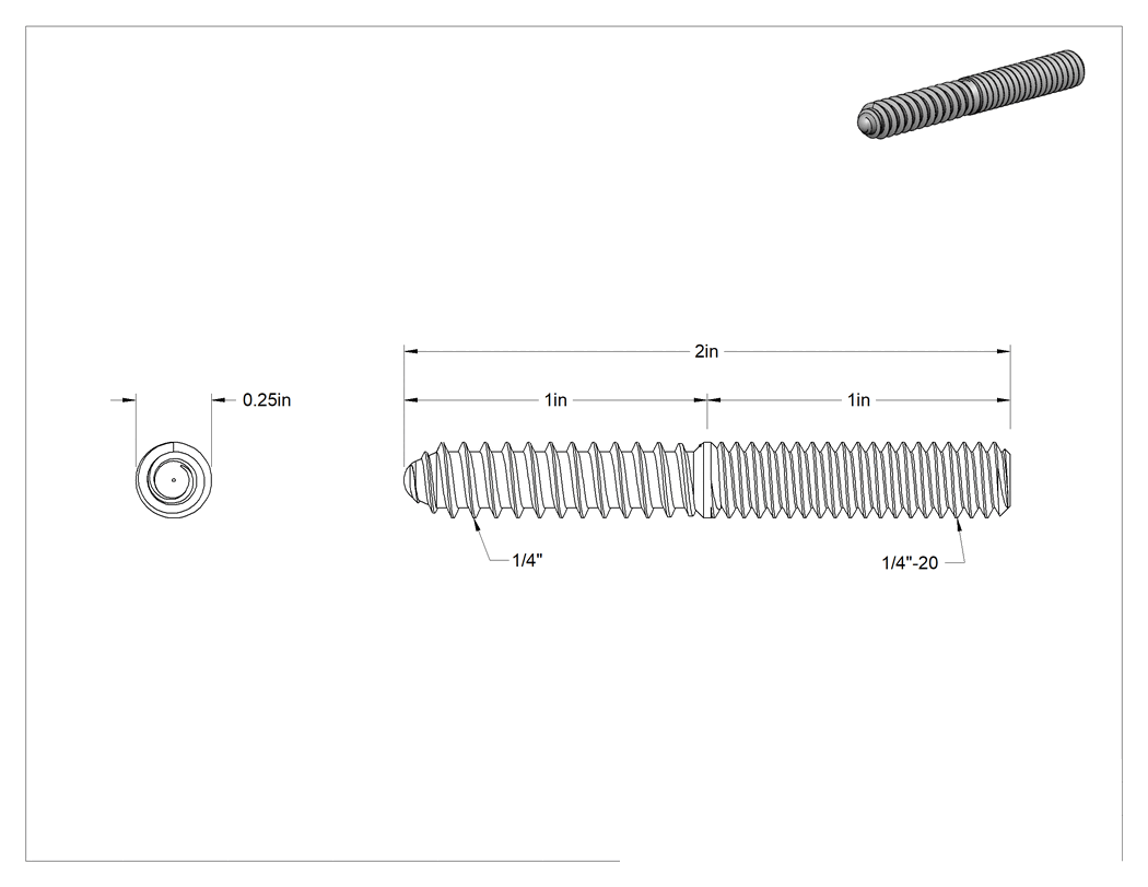 Teknik Çizim - Çelik Ahşap Vida Dişli Saplama, Siyah Oksit, 1/4" Vida x 1/4"-20 Saplama, 2" Uzunluk
