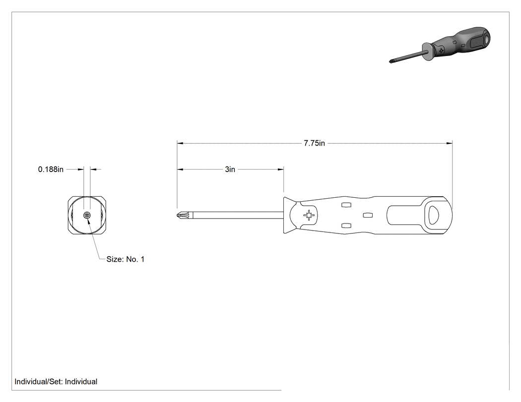 Teknik Çizim - Tornavida, 1 numaralı Pozidriv® uç, 7-3/4" Toplam Uzunluk